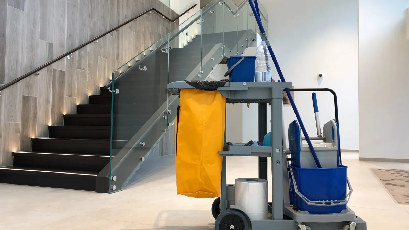 Chariot de nettoyage dans les parties communes d'un immeuble, ST Nettoyage Lyon